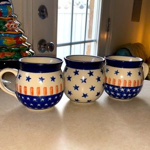 Set of 3 polish buttery red white and blue mugs. Exceptional condition